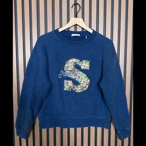 Sandro Sweater 1 / Small Blue Pullover Crewneck Fleece Embroidered S Floral Logo